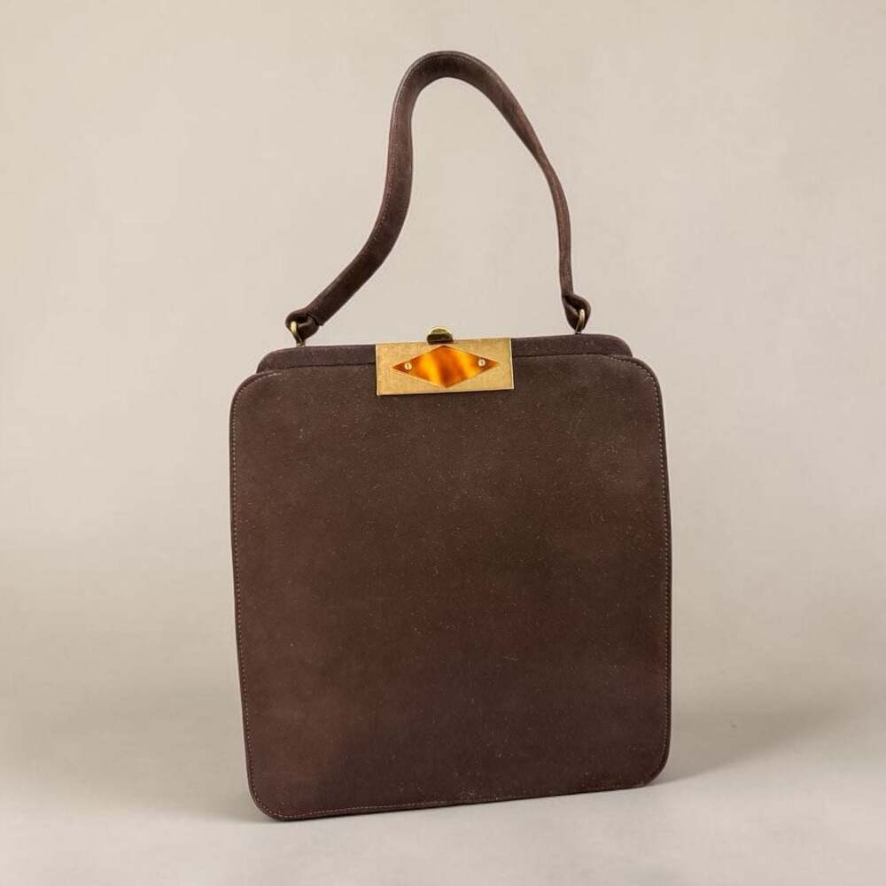 Vintage Block Brown Suede Handbag  1950s Top Handle Purse w Amber Lucite Clasp